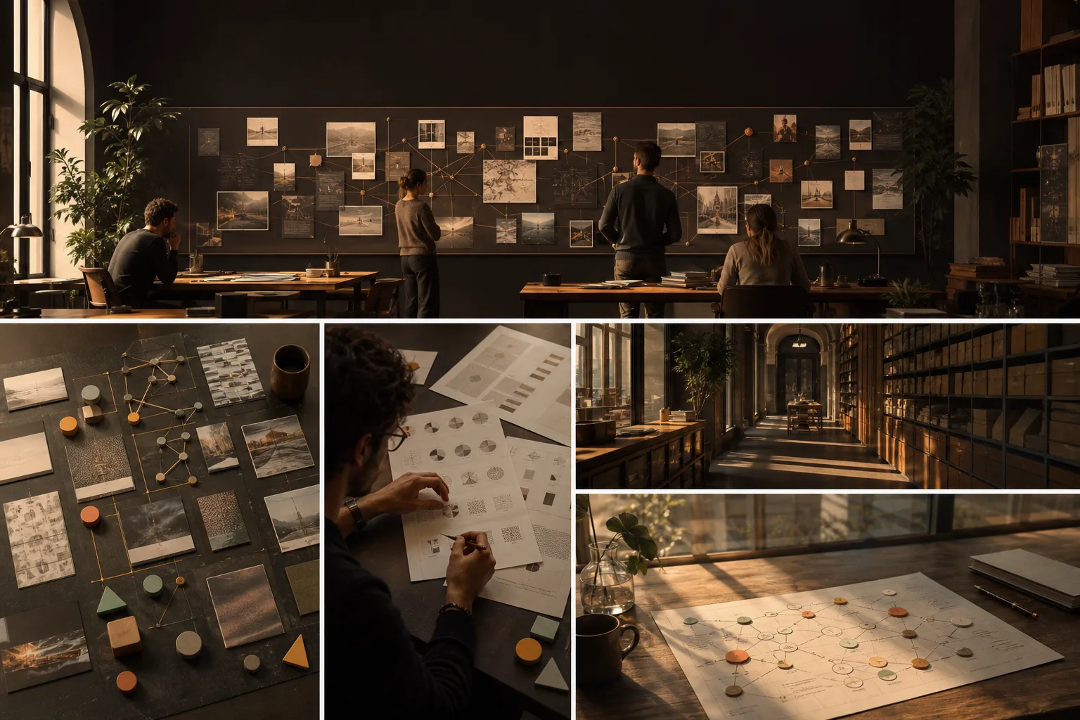 People examining a structured wall of notes in a contemporary German workspace